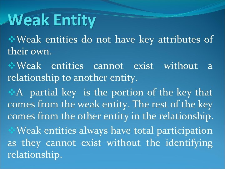 Weak Entity v. Weak entities do not have key attributes of their own. v.