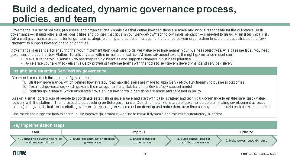 Build a dedicated, dynamic governance process, policies, and team Governance is a set of