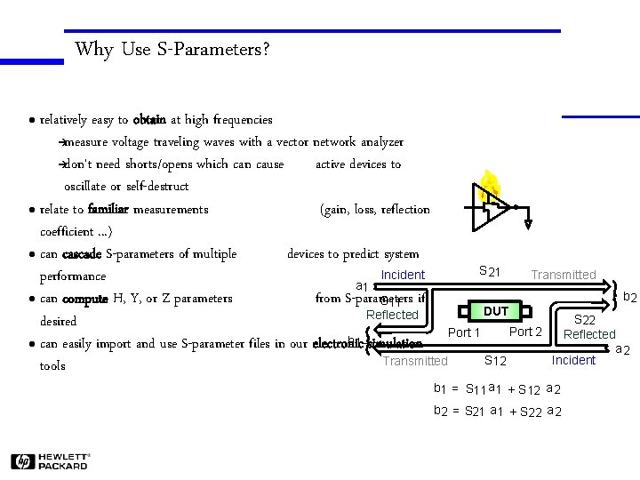 Why Use S-Parameters? relatively easy to obtain at high frequencies èmeasure voltage traveling waves