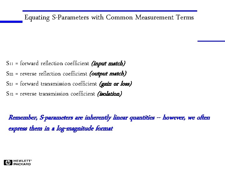 Equating S-Parameters with Common Measurement Terms S 11 = forward reflection coefficient (input match)
