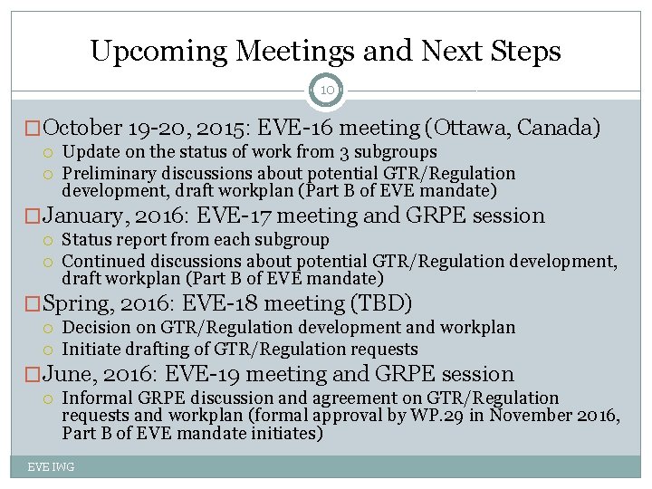 Upcoming Meetings and Next Steps 10 �October 19 -20, 2015: EVE-16 meeting (Ottawa, Canada)