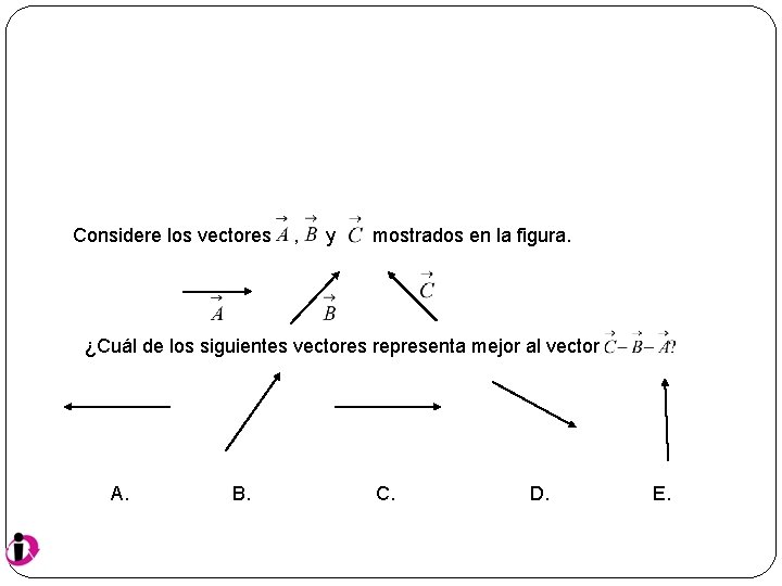 Considere los vectores , y mostrados en la figura. ¿Cuál de los siguientes vectores