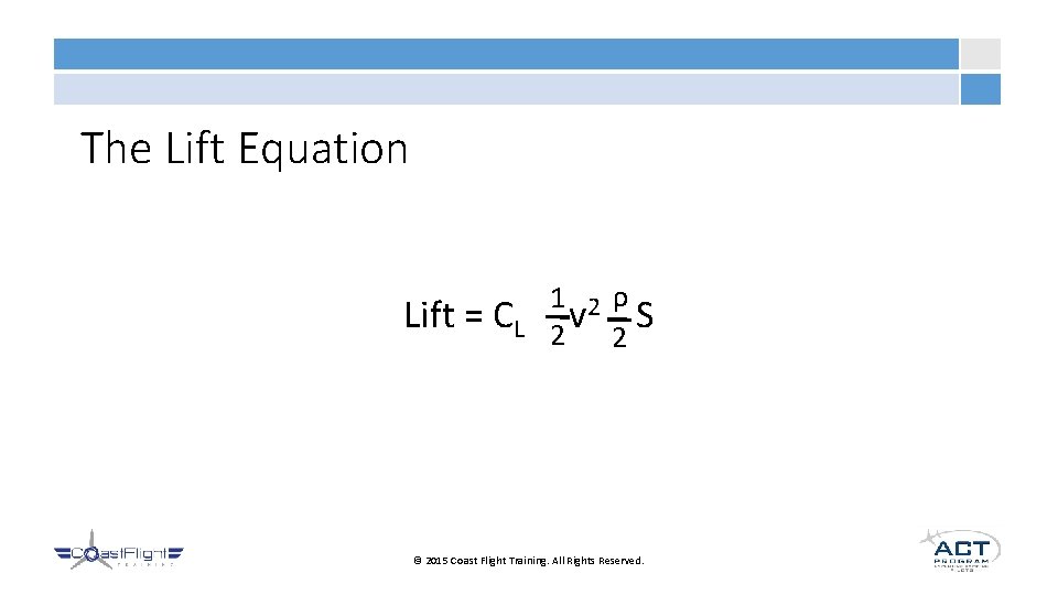 The Lift Equation 1 2ρ Lift = CL 2 v 2 S © 2015