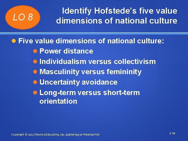 LO 8 Identify Hofstede’s five value dimensions of national culture Five value dimensions of