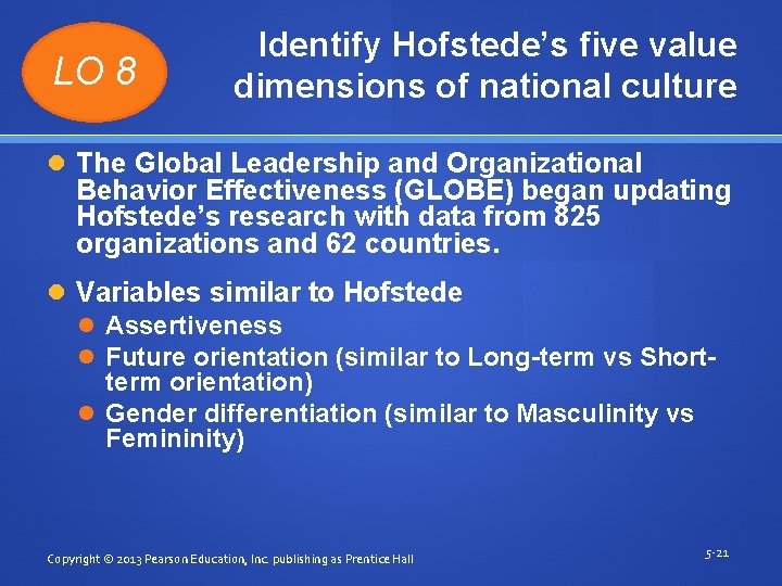 LO 8 Identify Hofstede’s five value dimensions of national culture The Global Leadership and