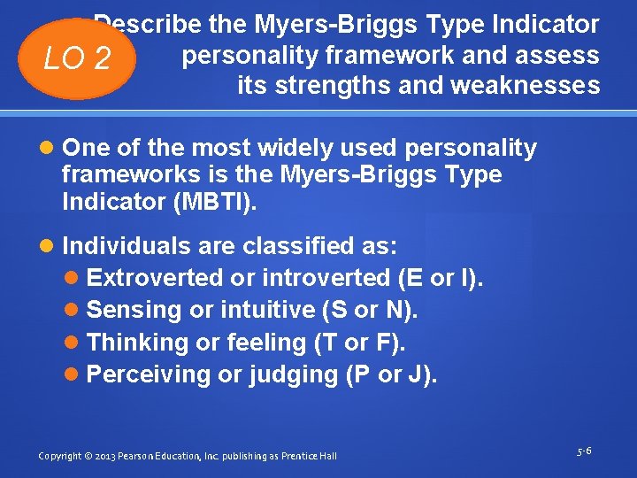 LO Describe the Myers-Briggs Type Indicator personality framework and assess 2 its strengths and