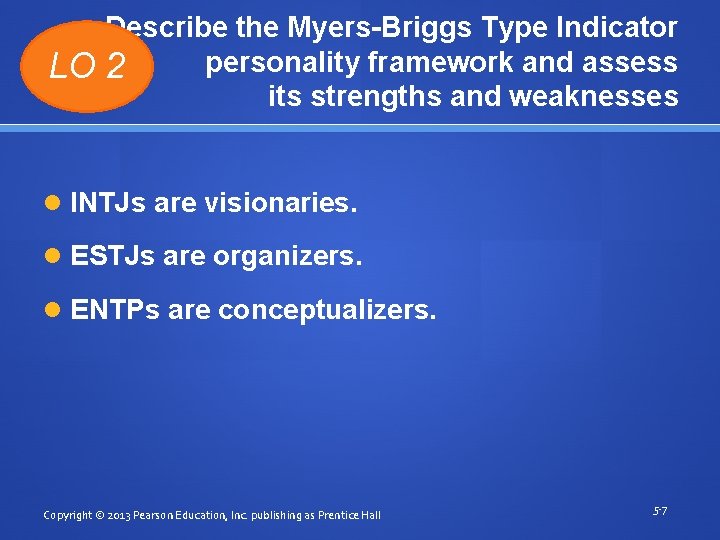 LO Describe the Myers-Briggs Type Indicator personality framework and assess 2 its strengths and