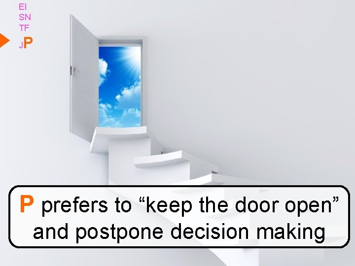 EI SN TF P J P prefers to “keep the door open” and postpone