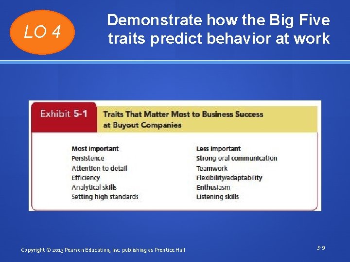 LO 4 Demonstrate how the Big Five traits predict behavior at work Copyright ©