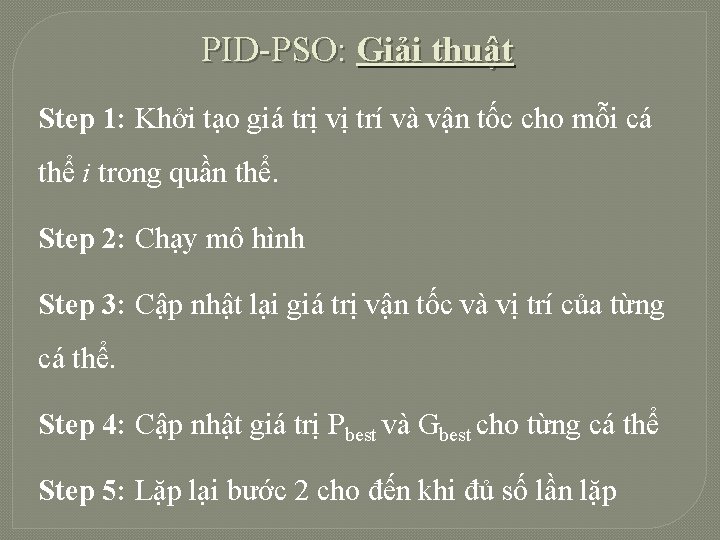 PID-PSO: Giải thuật Step 1: Khởi tạo giá trị vị trí và vận tốc