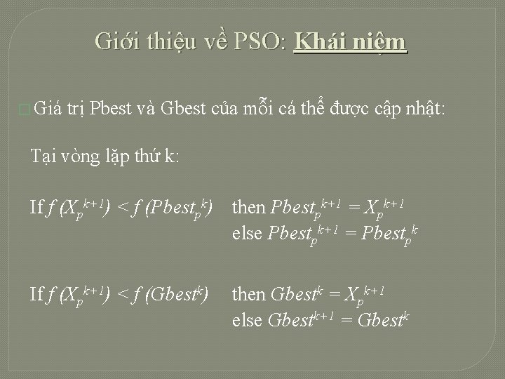 Giới thiệu về PSO: Khái niệm � Giá trị Pbest và Gbest của mỗi