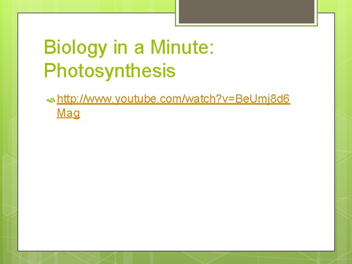 Biology in a Minute: Photosynthesis http: //www. youtube. com/watch? v=Be. Umj 8 d 6