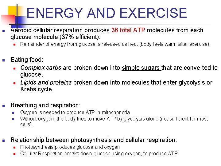 ENERGY AND EXERCISE n Aerobic cellular respiration produces 36 total ATP molecules from each