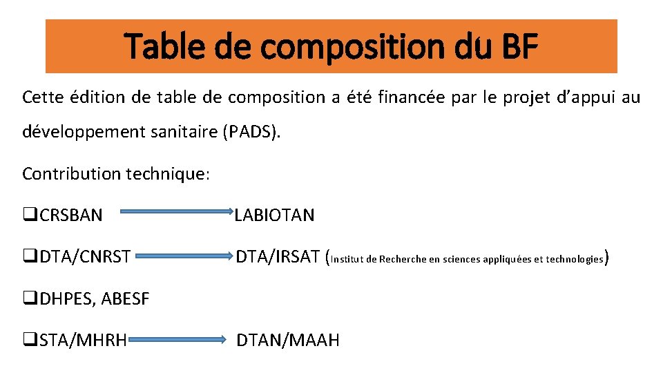 Table de composition du BF Cette édition de table de composition a été financée