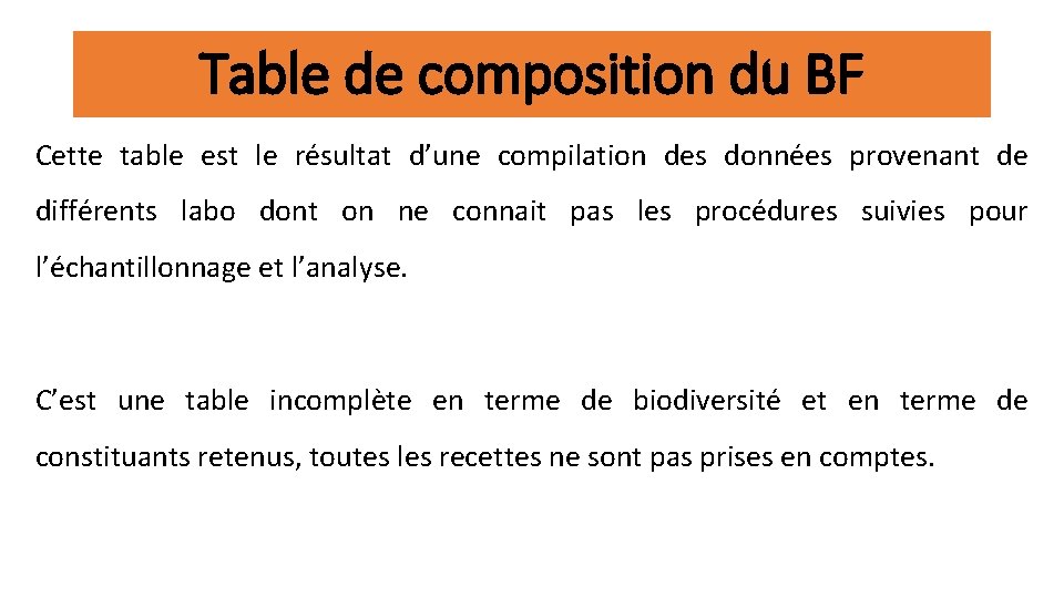 Table de composition du BF Cette table est le résultat d’une compilation des données