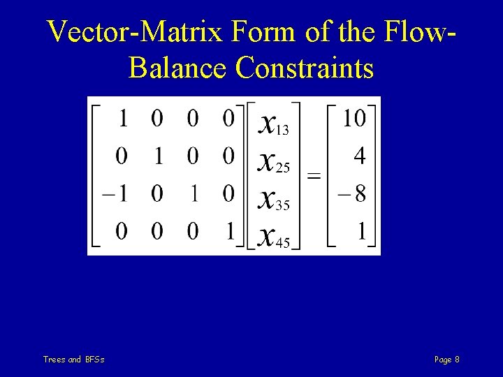 Vector-Matrix Form of the Flow. Balance Constraints Trees and BFSs Page 8 