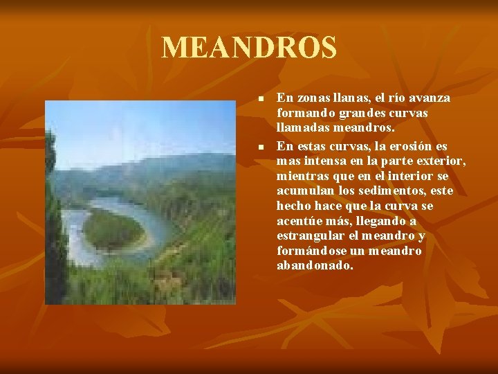 MEANDROS n n En zonas llanas, el río avanza formando grandes curvas llamadas meandros.