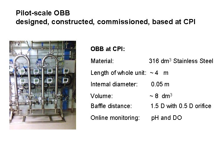 Pilot-scale OBB designed, constructed, commissioned, based at CPI OBB at CPI: Material: 316 dm