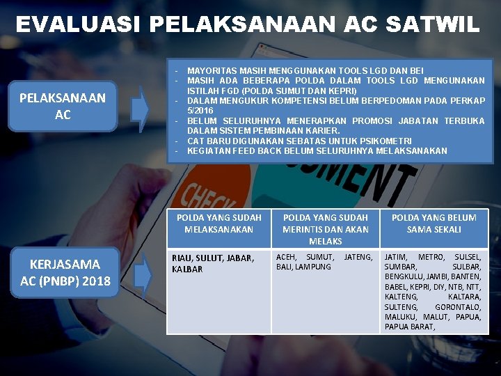 EVALUASI PELAKSANAAN AC SATWIL - PELAKSANAAN AC - MAYORITAS MASIH MENGGUNAKAN TOOLS LGD DAN