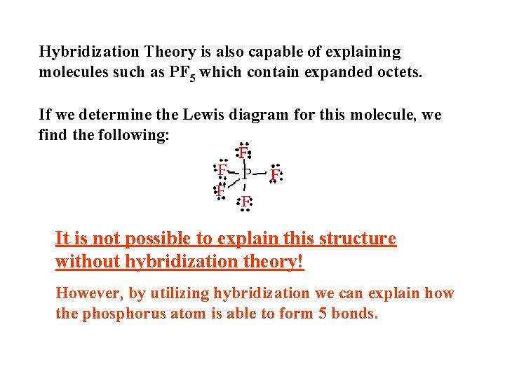 Hybridization Theory is also capable of explaining molecules such as PF 5 which contain