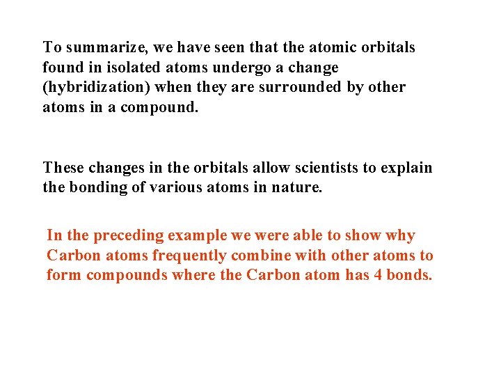 To summarize, we have seen that the atomic orbitals found in isolated atoms undergo