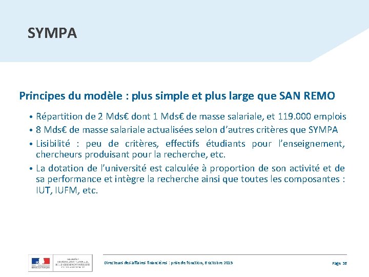 SYMPA Principes du modèle : plus simple et plus large que SAN REMO Répartition