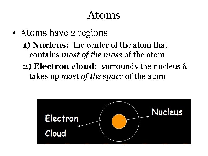 Atoms • Atoms have 2 regions 1) Nucleus: the center of the atom that