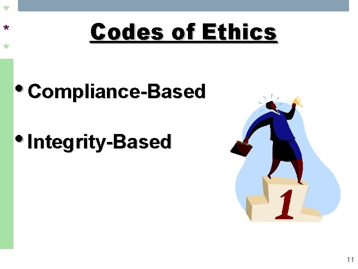 * * * Codes of Ethics • Compliance-Based • Integrity-Based 11 