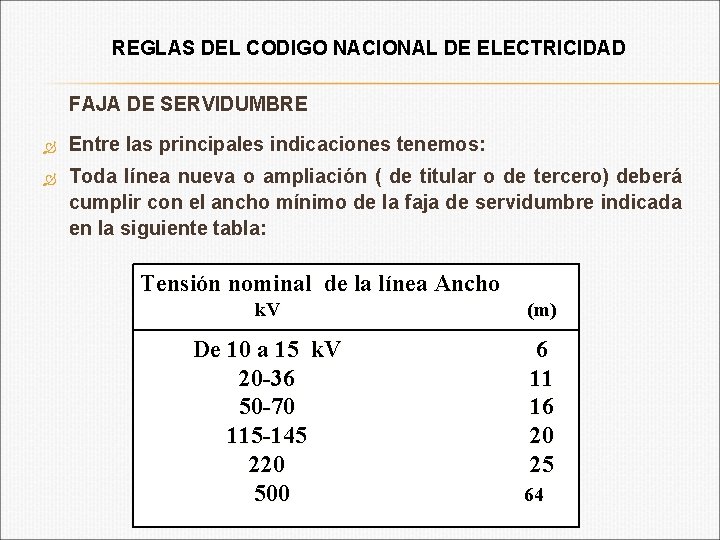 REGLAS DEL CODIGO NACIONAL DE ELECTRICIDAD FAJA DE SERVIDUMBRE Entre las principales indicaciones tenemos: