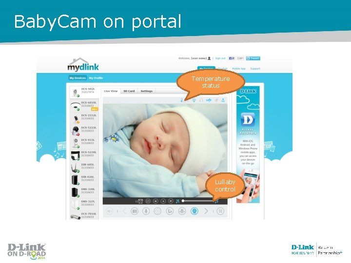 Baby. Cam on portal Temperature status Lullaby control 