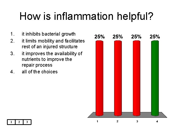 How is inflammation helpful? 1. 2. it inhibits bacterial growth it limits mobility and