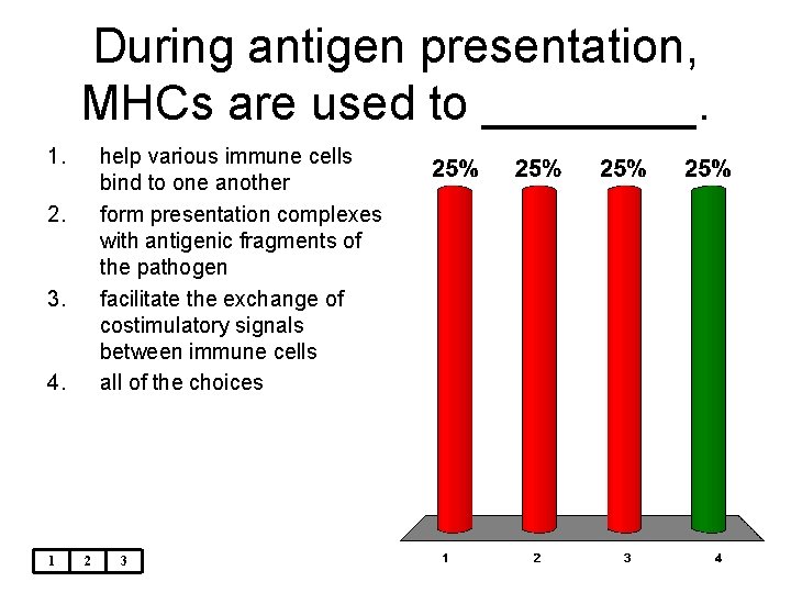 During antigen presentation, MHCs are used to ____. 1. help various immune cells bind