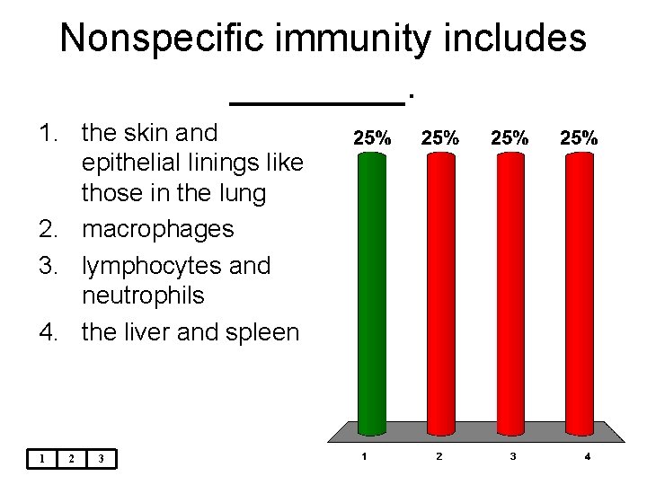 Nonspecific immunity includes ____. 1. the skin and epithelial linings like those in the