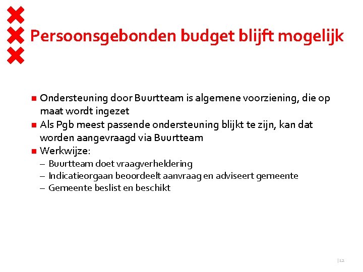 Persoonsgebonden budget blijft mogelijk Ondersteuning door Buurtteam is algemene voorziening, die op maat wordt