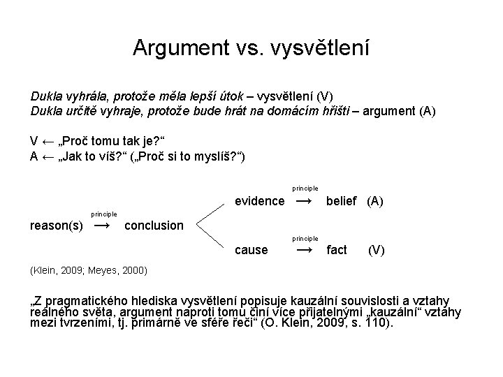 Argument vs. vysvětlení Dukla vyhrála, protože měla lepší útok – vysvětlení (V) Dukla určitě