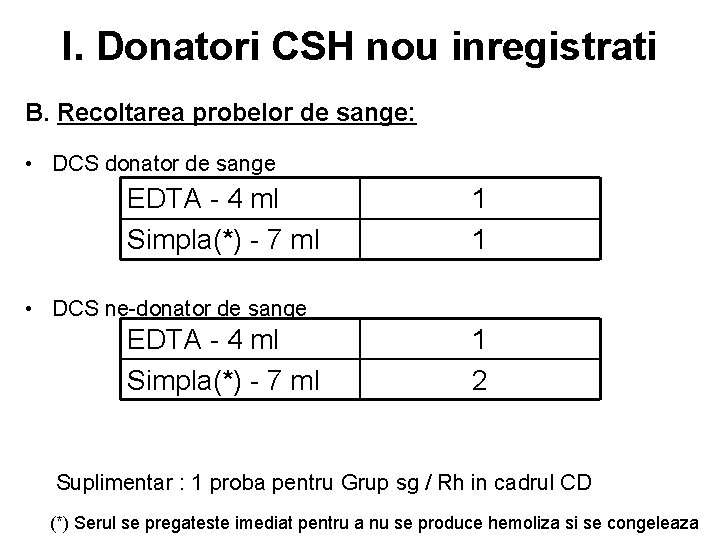 I. Donatori CSH nou inregistrati B. Recoltarea probelor de sange: • DCS donator de