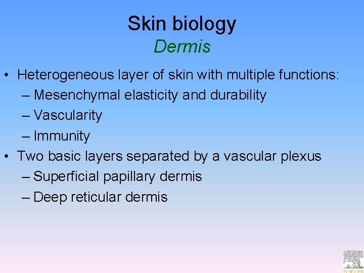 Skin biology Dermis • Heterogeneous layer of skin with multiple functions: – Mesenchymal elasticity