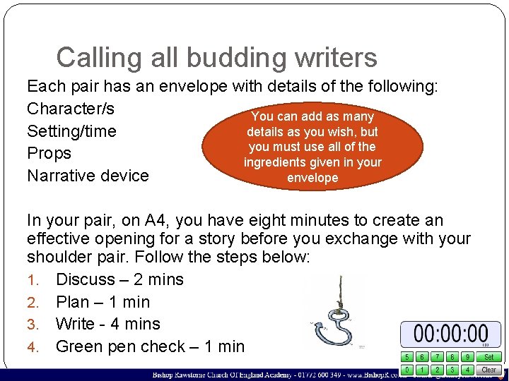 Calling all budding writers Each pair has an envelope with details of the following: