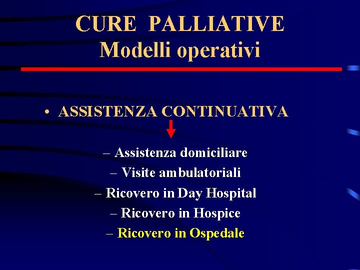 CURE PALLIATIVE Modelli operativi • ASSISTENZA CONTINUATIVA – Assistenza domiciliare – Visite ambulatoriali –