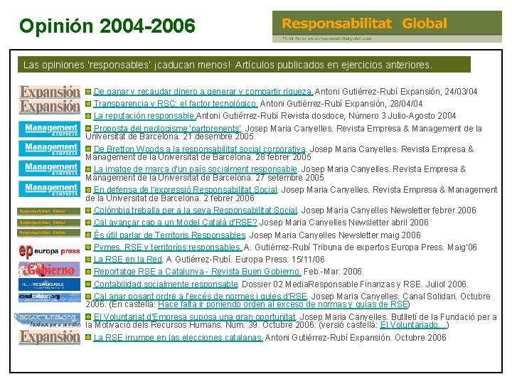 Opinión 2004 -2006 Las opiniones ‘responsables’ ¡caducan menos! Artículos publicados en ejercicios anteriores. De