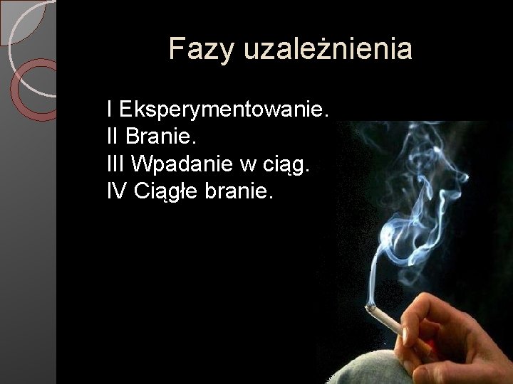 Fazy uzależnienia I Eksperymentowanie. II Branie. III Wpadanie w ciąg. IV Ciągłe branie. 