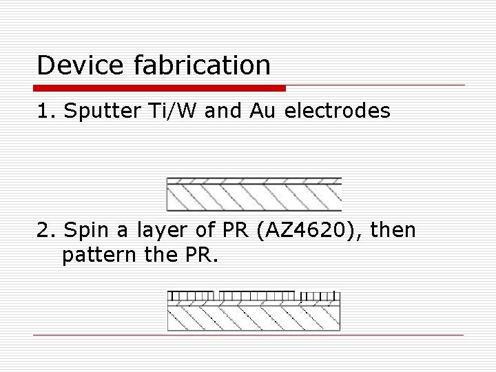 Device fabrication 1. Sputter Ti/W and Au electrodes 2. Spin a layer of PR