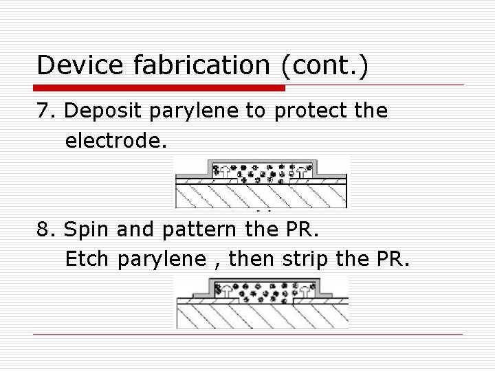 Device fabrication (cont. ) 7. Deposit parylene to protect the electrode. 8. Spin and