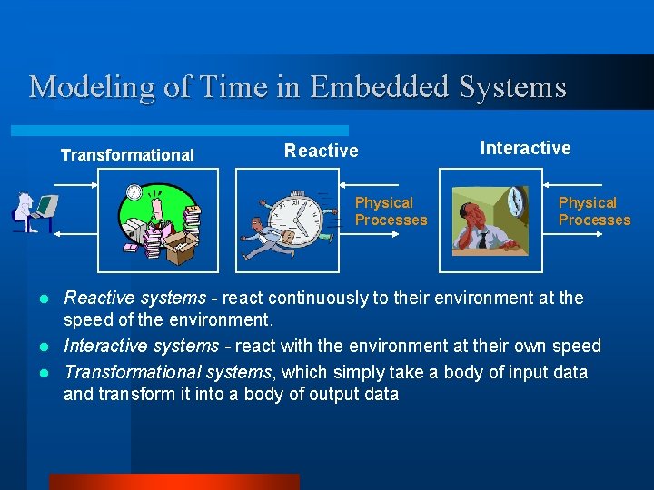 Modeling of Time in Embedded Systems Transformational Reactive Physical Processes Interactive Physical Processes Reactive Modeling of Time in Embedded Systems Transformational Reactive Physical Processes Interactive Physical Processes Reactive