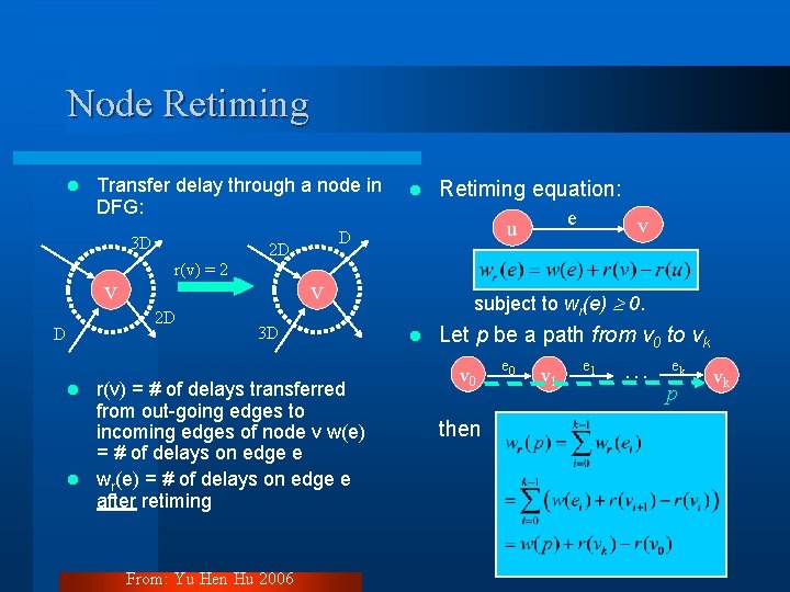 Node Retiming l Transfer delay through a node in DFG: 3 D v 2 Node Retiming l Transfer delay through a node in DFG: 3 D v 2