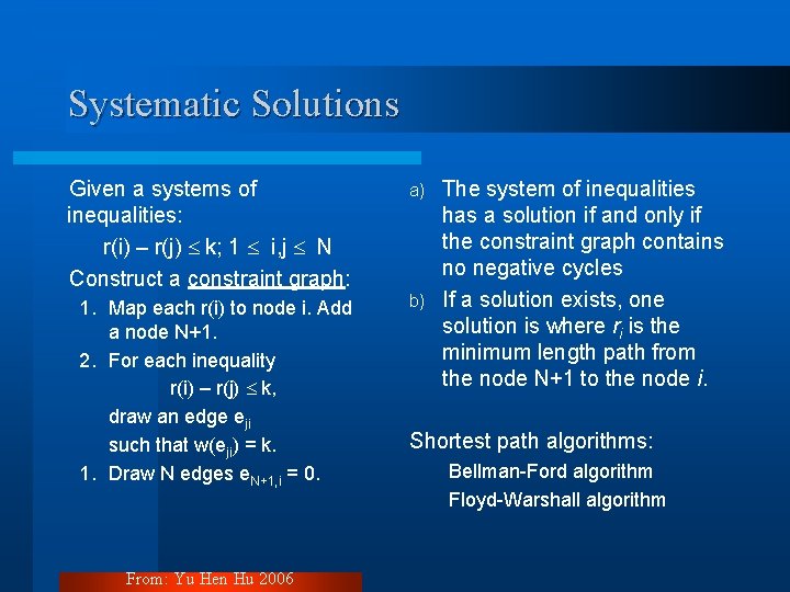 Systematic Solutions Given a systems of inequalities: r(i) – r(j) k; 1 i, j Systematic Solutions Given a systems of inequalities: r(i) – r(j) k; 1 i, j