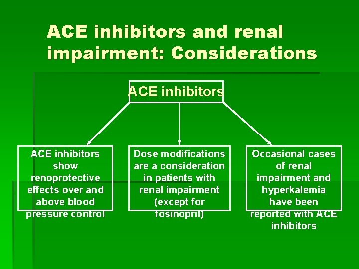 ACE inhibitors and renal impairment: Considerations ACE inhibitors show renoprotective effects over and above