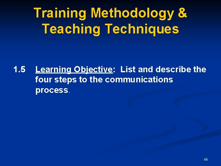 Training Methodology & Teaching Techniques 1. 5 Learning Objective: List and describe the four