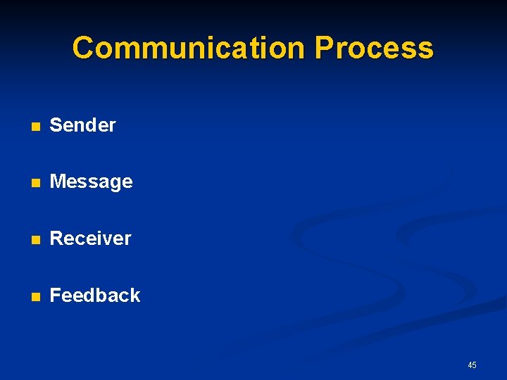Communication Process n Sender n Message n Receiver n Feedback 45 