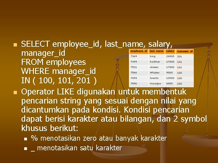 n n SELECT employee_id, last_name, salary, manager_id FROM employees WHERE manager_id IN ( 100,